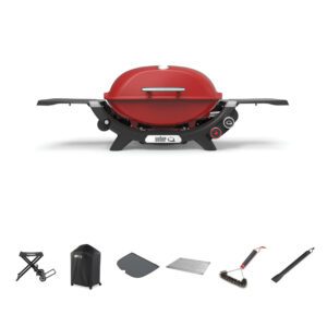 Weber Q2800N Flame Red LPG BBQ Bundle With Portable Cart [Store Pickup Only]